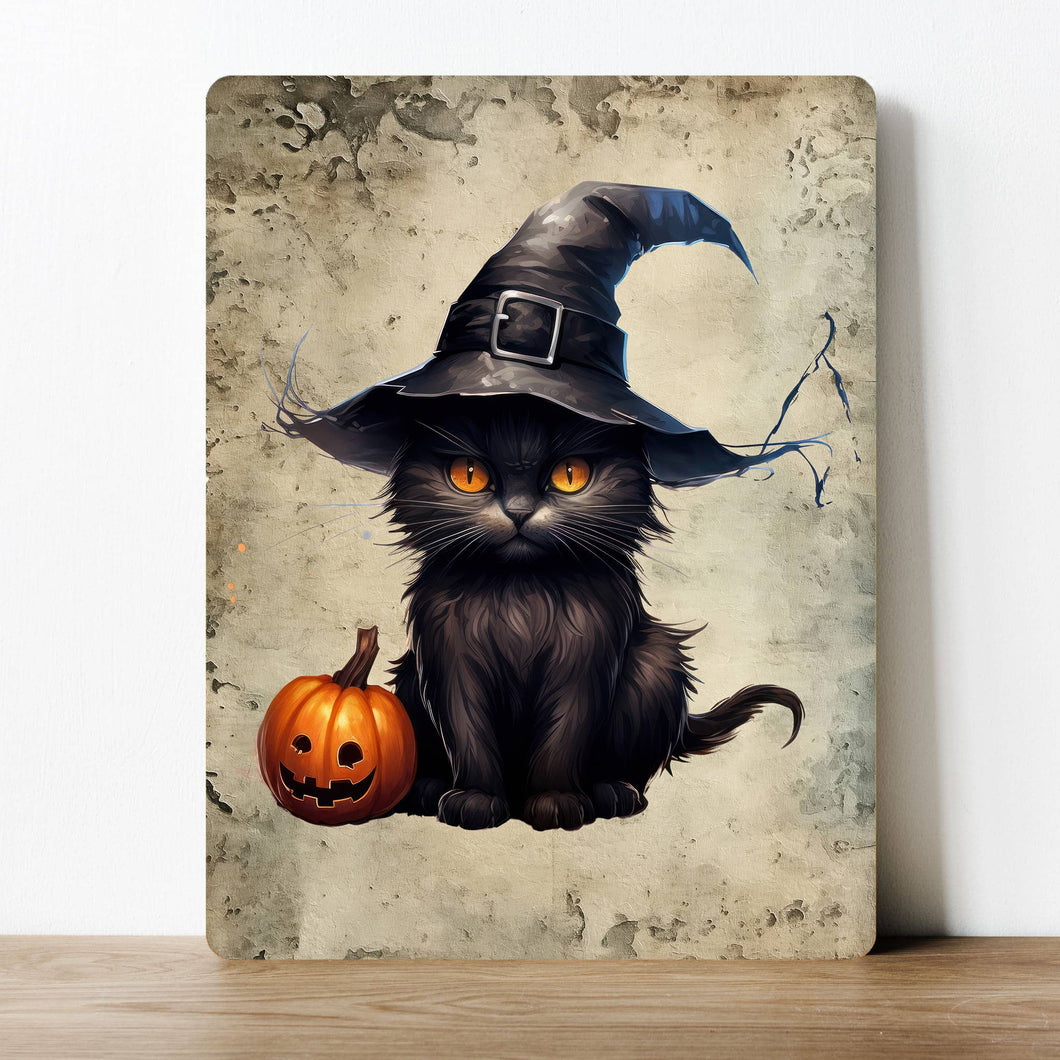 Black Cat Witch Spooky Halloween Pumpkin  Metal Sign Plaque